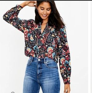 Evil eye sacred heart unicorn celestial puff sleeve blouse Loft paisley shimmer